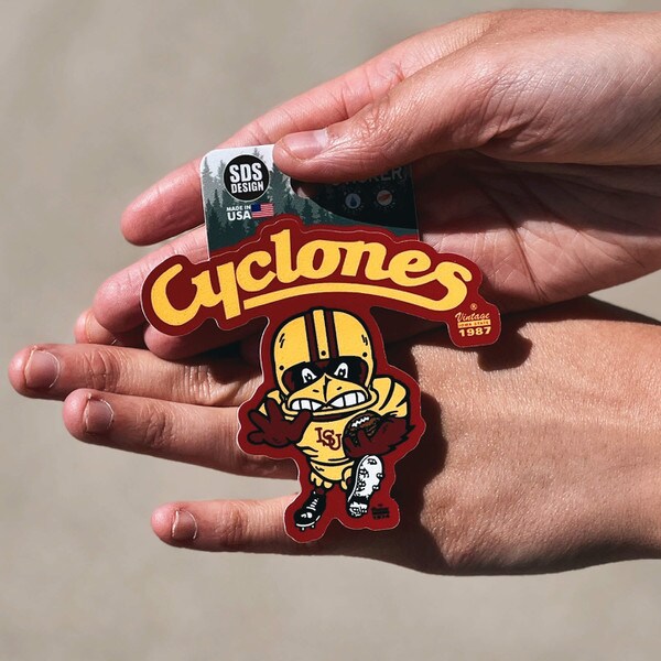 Cyclones Script Football Cy Cardinal & Gold Rugged Sticker (3")